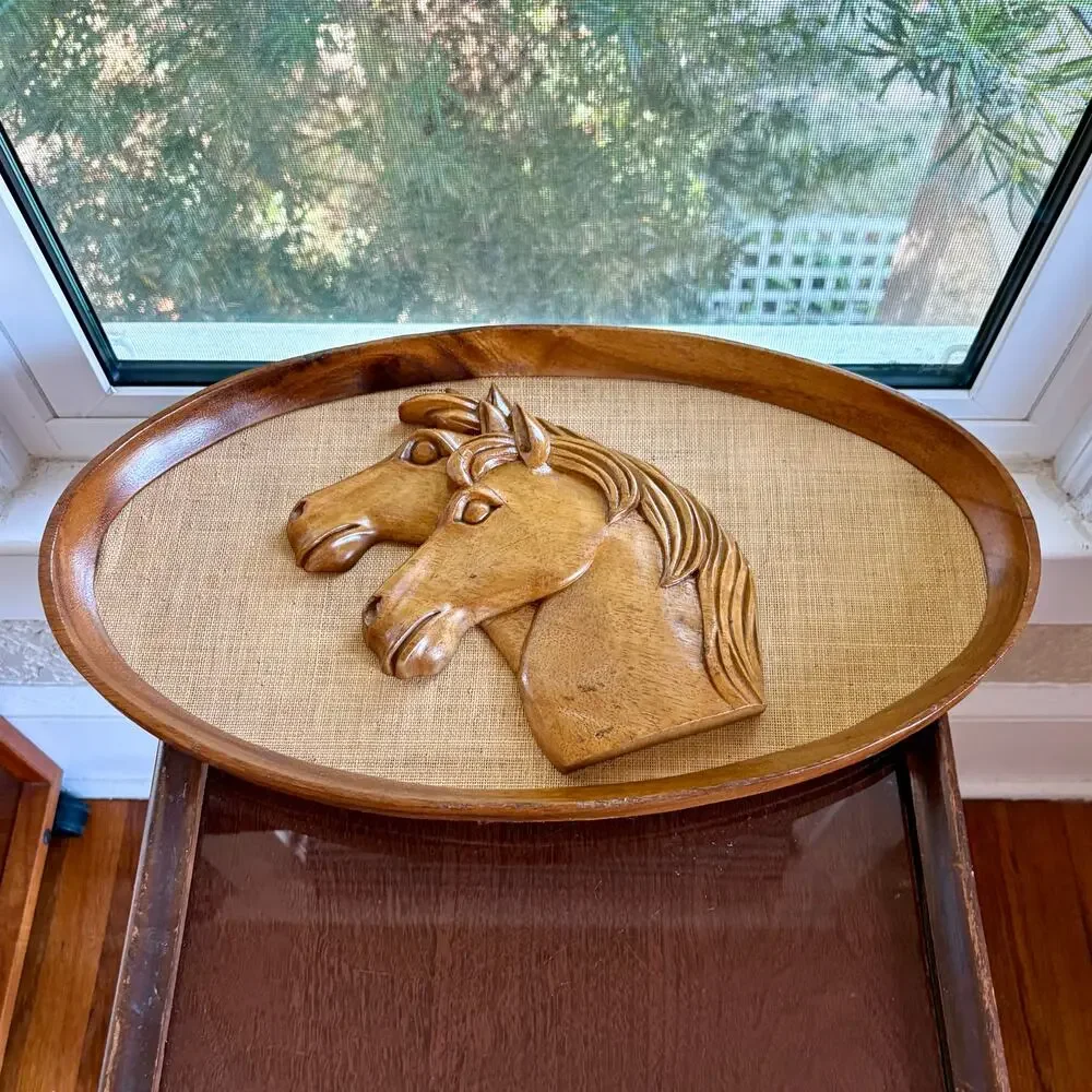 Vintage Carved Wood Horses over Burlp Wall Art in Oval Wooden Rustic Frame